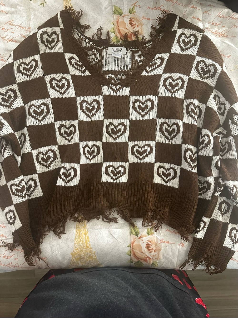 Cozy Heart-Check Distressed V-Neck Sweater in Brown & Cream